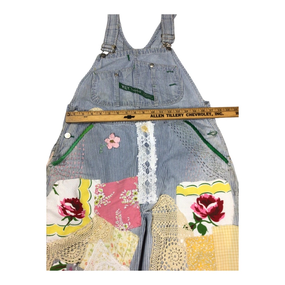 Upcycled Vintage Key Bib Railroad Striped Overalls Embroidered Crochet Parchwork - Picture 5 of 14